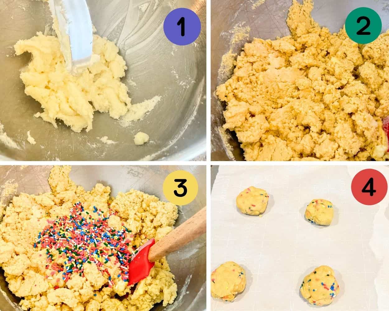 a 4 image collage showing how to mix and shape birthday cake cookies.