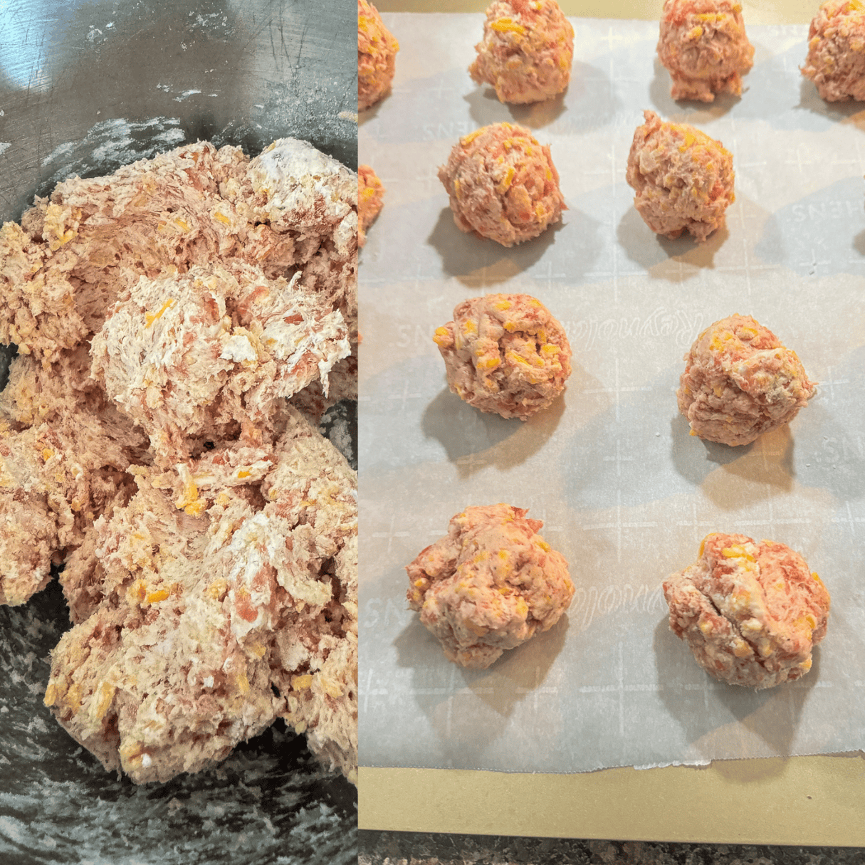 Soft peach-colored cookie dough mixture for baking, textured with small chunks of fruit.