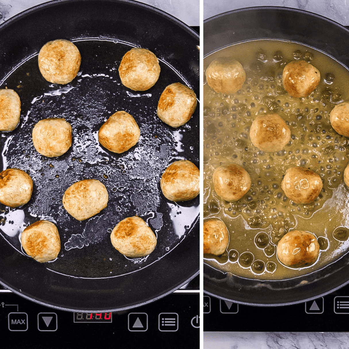 a collage showing up to brown chicke meatballs and how to make the lemon caper butter sauce.