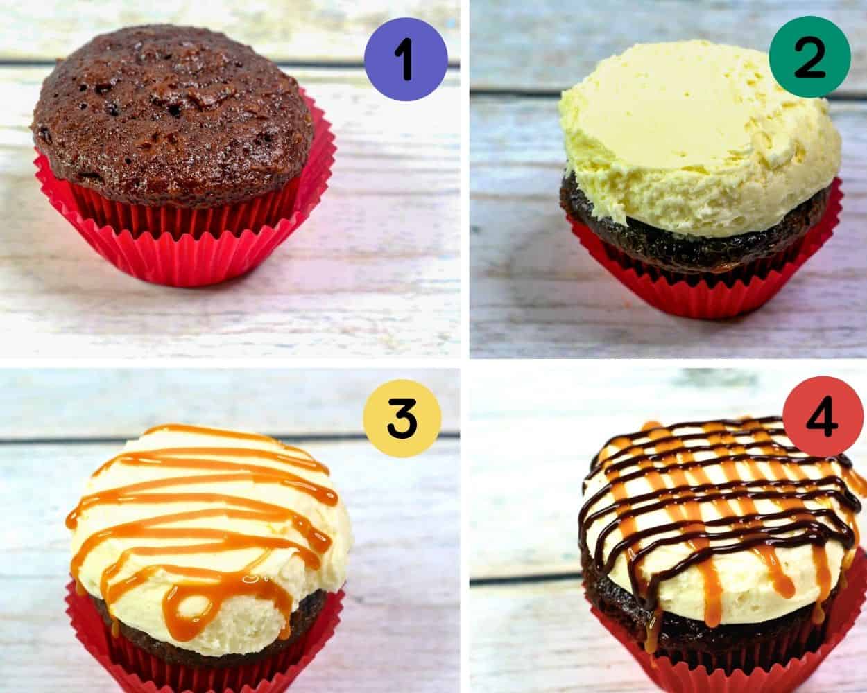 a 4 image collage showing how to frost and decorate chocolate caramel cupcakes with sauces and Twix. 