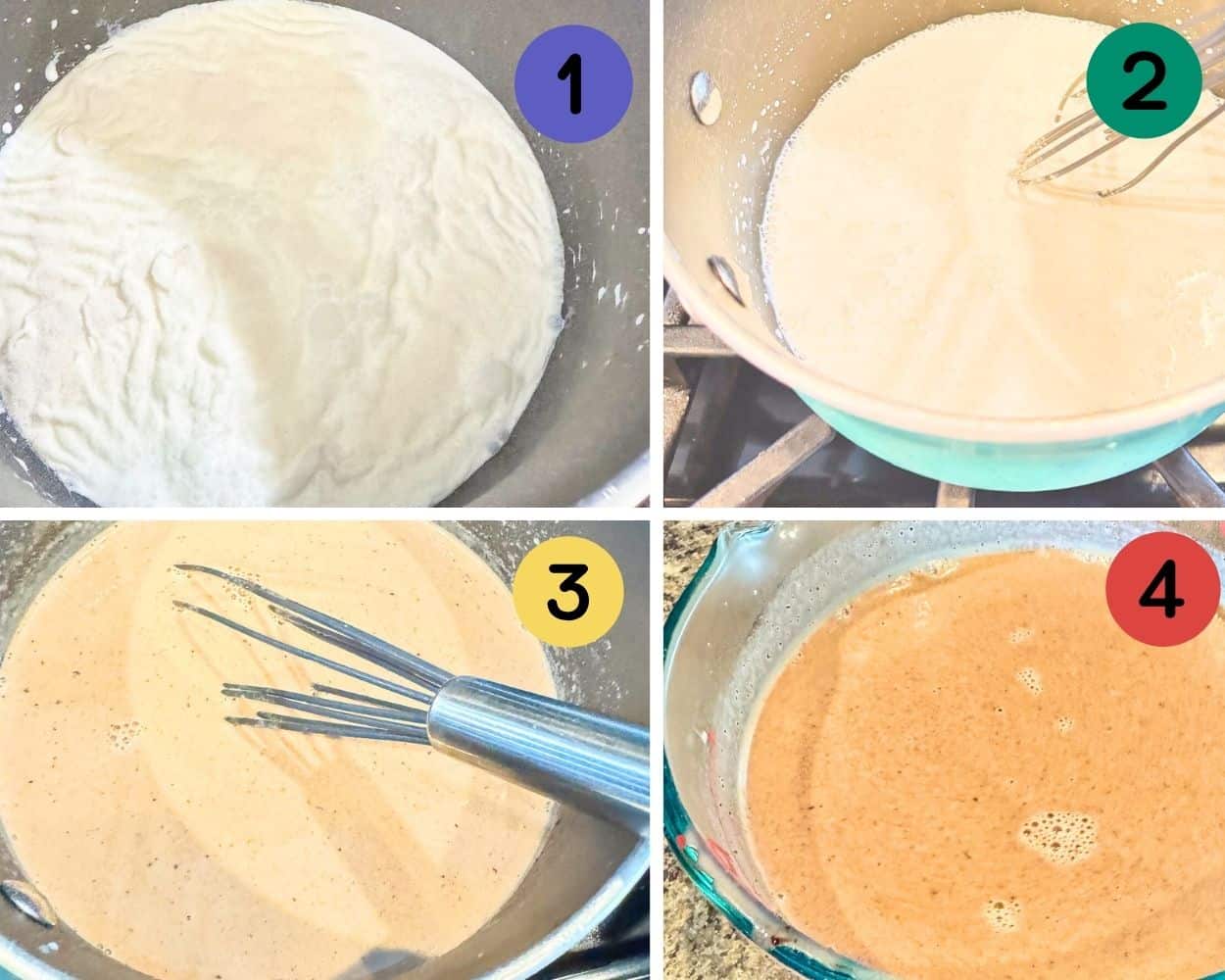 a 4 image collage showing up to bloom gelatin and mix up chocolate panna cotta.