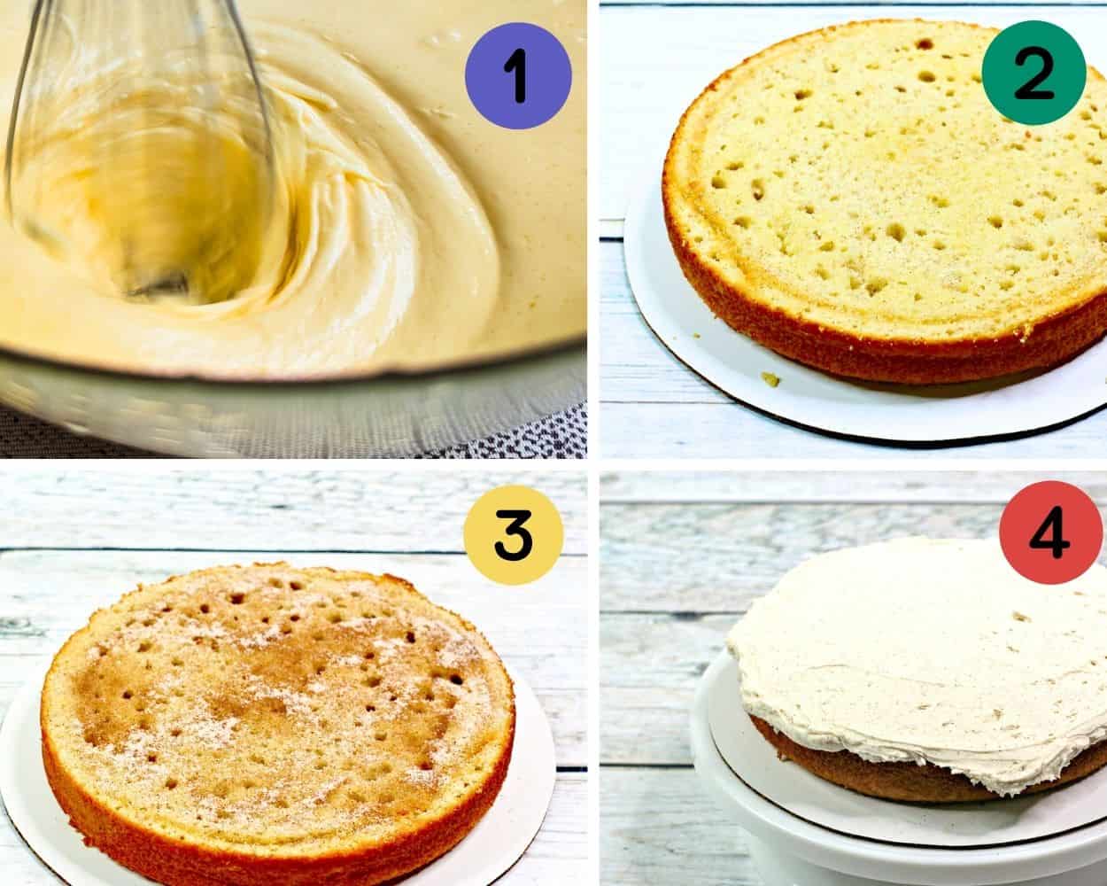 a 4 image collage showing how to make the batter, cinnamon crunch, and topping for a churro cake.