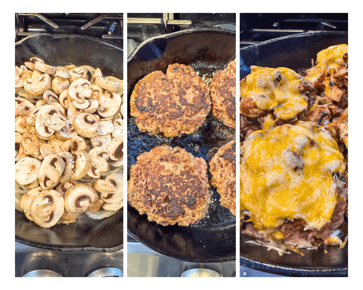 a 3 image collage showing how to make texas roadhouse roadkill by cooking mushrooms, searing patties, and adding cheese.