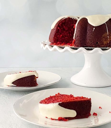 A red velvet cake on a white plate.