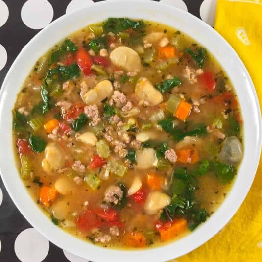 Instant Pot Italian Sausage Soup in a white bowl.