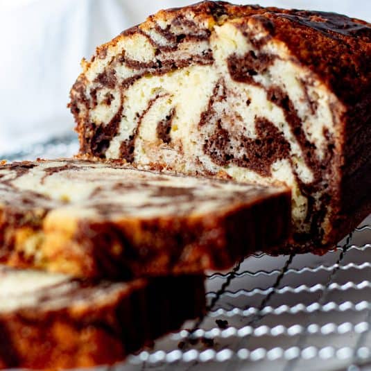 A display of sliced Marble Loaf Cake.