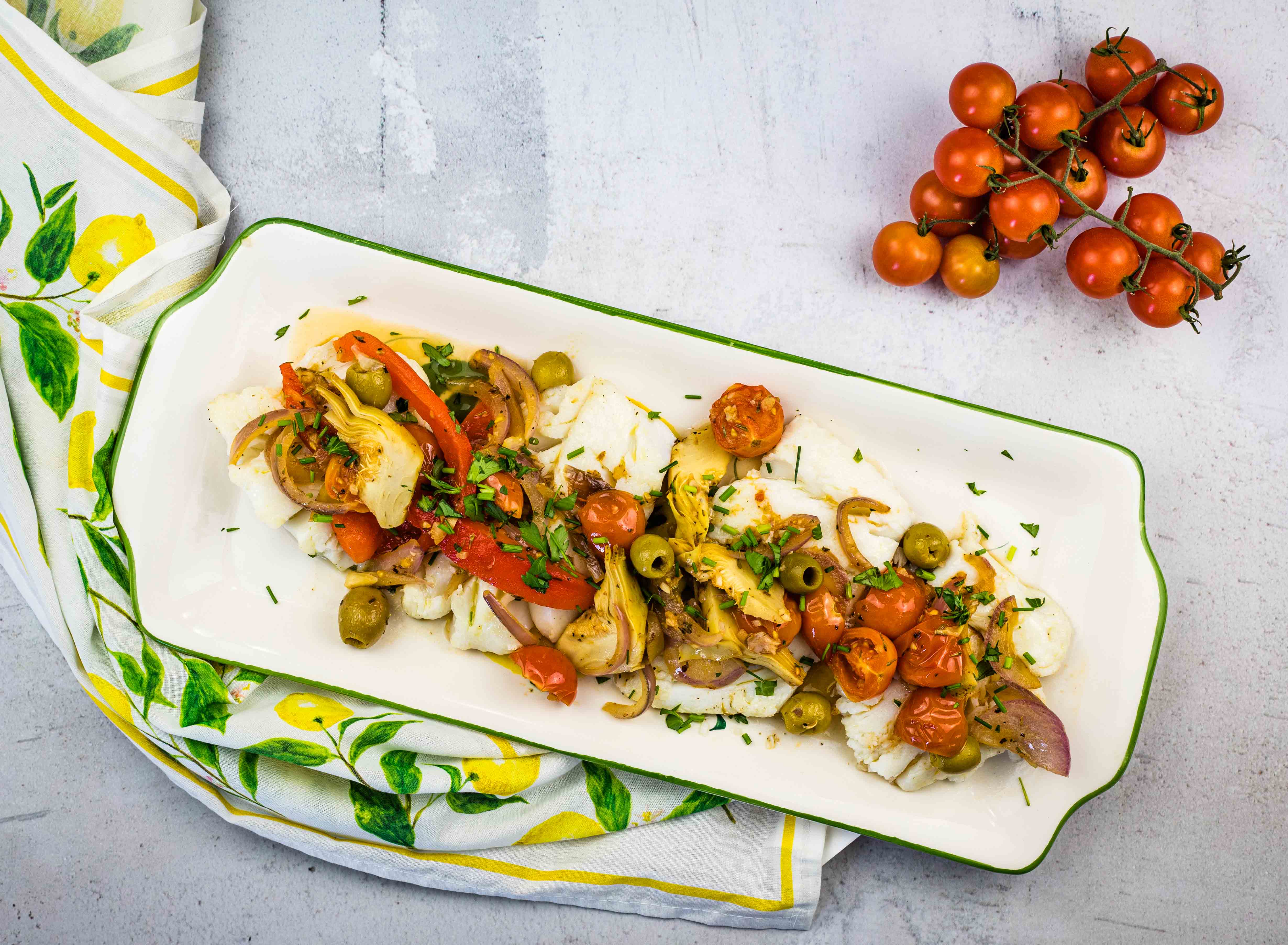 Mediterranean cod on a rectangular platter.