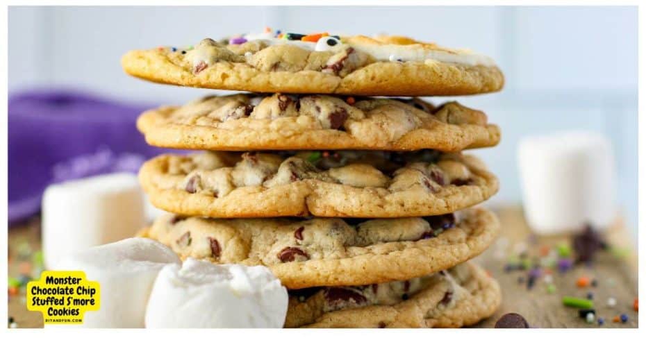 Monster Chocolate Chip Stuffed Smore Cookies, a delicious oversized chocolate chip cookie recipe stuffed with smore ingredients.