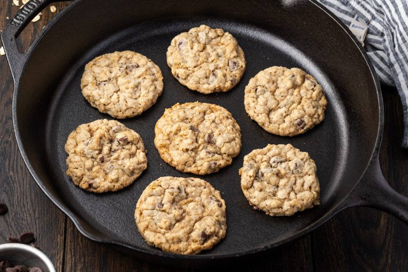 Oatmeal Chocolate Chip Cookies made in a cast iron skillet.