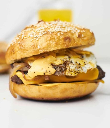 Close up of steak egg and cheese bagel sandwich.