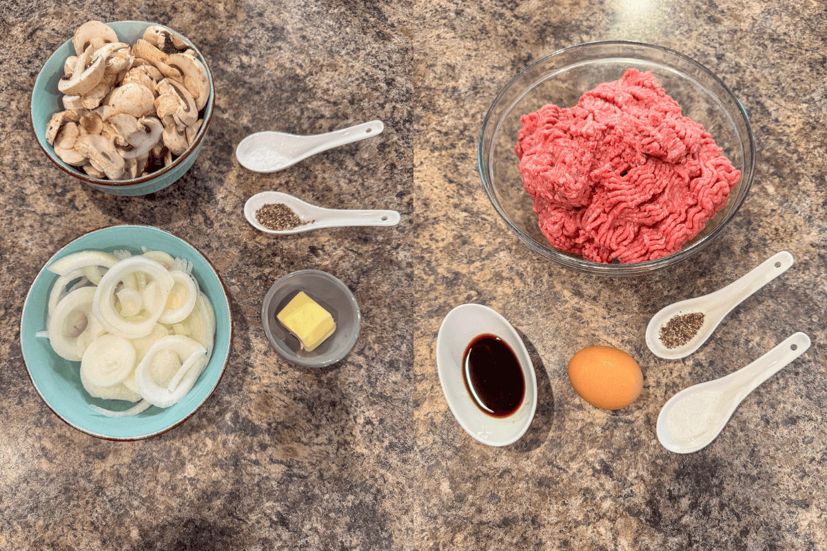 ingredients including ground beef, mushrooms, onions, butter, Worcestershire sauce, egg, and salt.