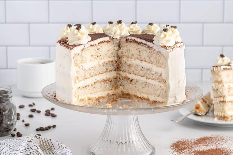 Birthday Cake Tiramisu on a cake stand.