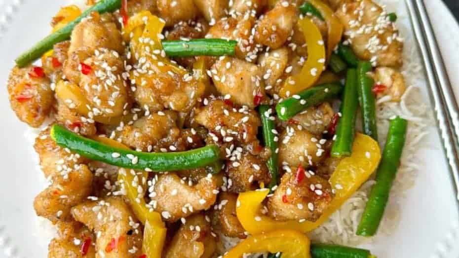 Crispy honey sesame chicken copycat recipe from Panda Express on a plate.