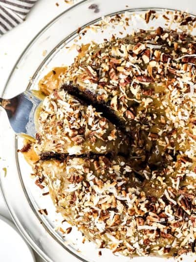 Close up shot of a German Chocolate Pound Cake.