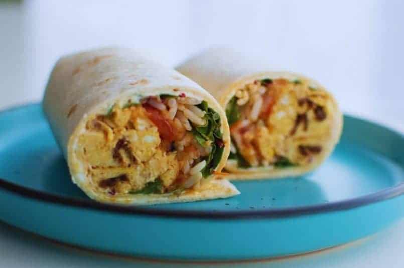 Close up of Egg & Chorizo Breakfast Burritos w/ Spicy Pineapple Salsa.