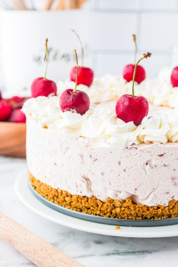 Finished No Bake Cherry Cheesecake side view.