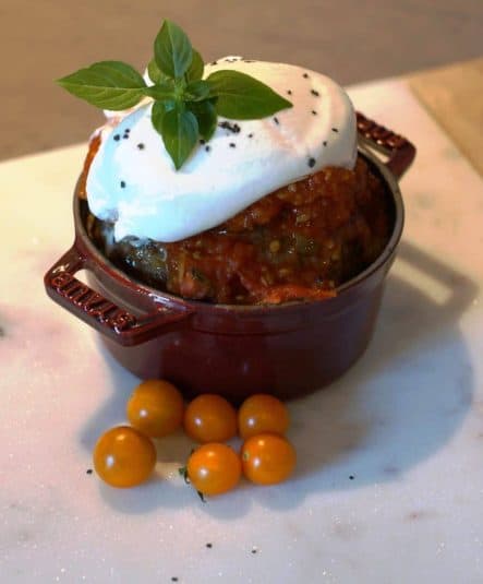 Giant meatball topped with truffle burrata and basil.