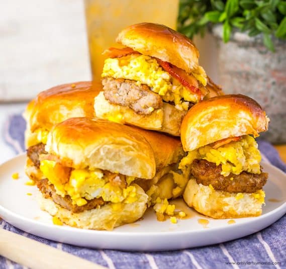 A stack of French Toast Breakfast Sliders.