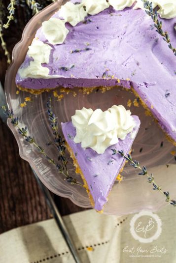 Overhead view of a No Bake Lavender Cheesecake.