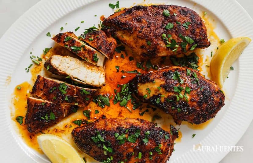 Three full blackened chicken breasts on a plate with a sliced blackened chicken breast.