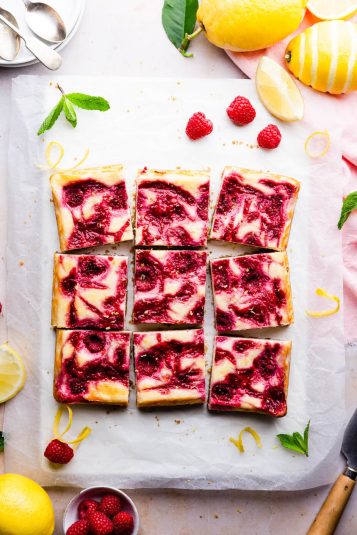 overhead shot of raspberry lemon cheesecake bars.