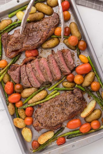 Overhead view of Sheet Pan Steak And Veggies.