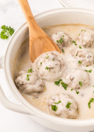 Swedish Meatballs in baking dish.