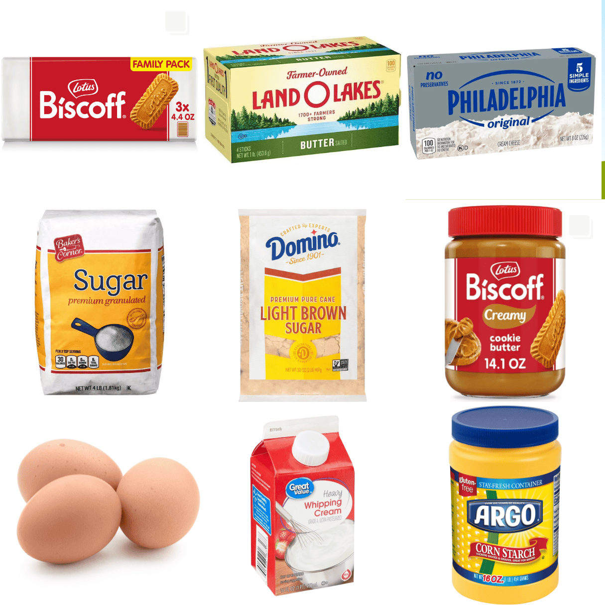 ingredients including biscoff cookies, butter, cream cheese, sugar, brown sugar, cookie butter, eggs, and heavy cream.