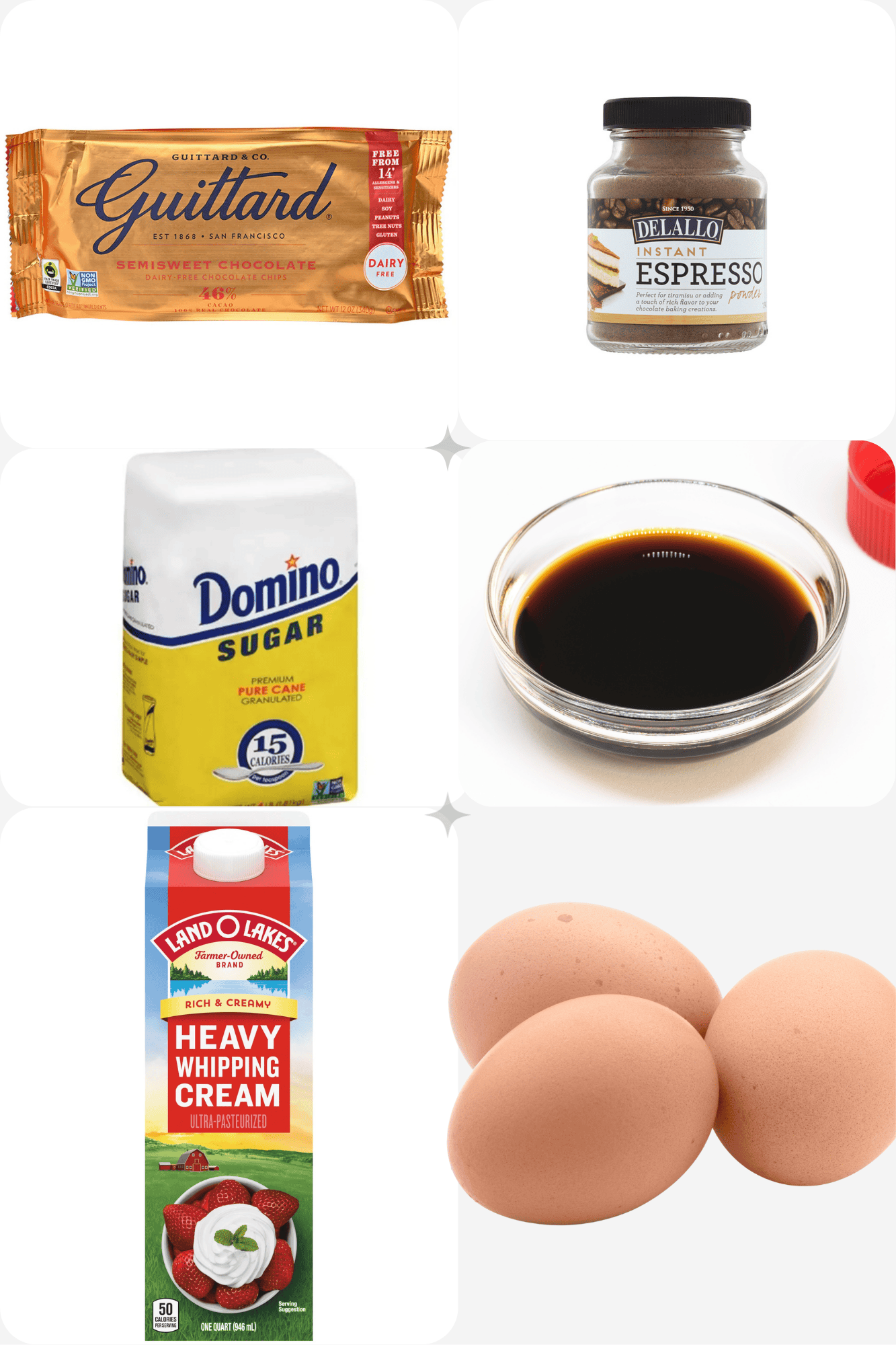 ingredients including chocolate chips, instant espresso, vanilla, heavy cream, and eggs.