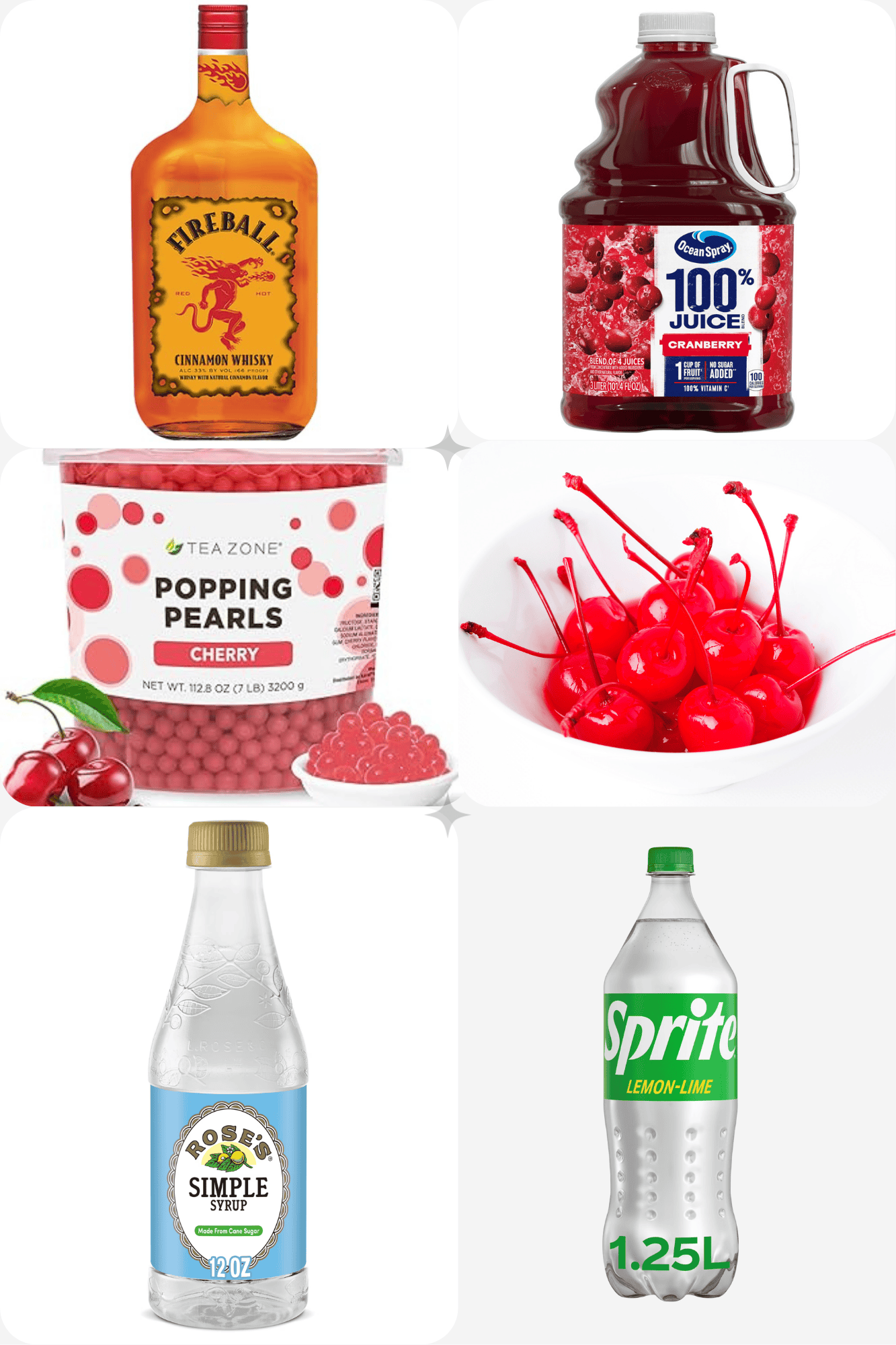 ingredients including Fireball whisky, cranberry juice, boba, marachino cherries, and Sprite.