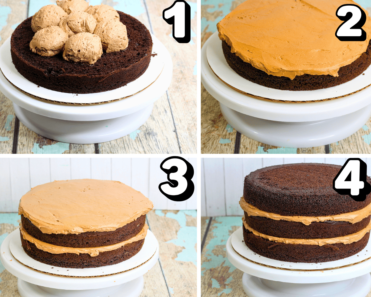 a 4 image collage showing how to layer and frost chocolate cake with chocolate frosting.