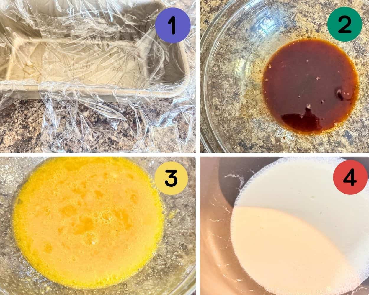 a 4 image collage showing up to line a loaf pan, dissolve the espresso powder, and mix the eggs and sugar.