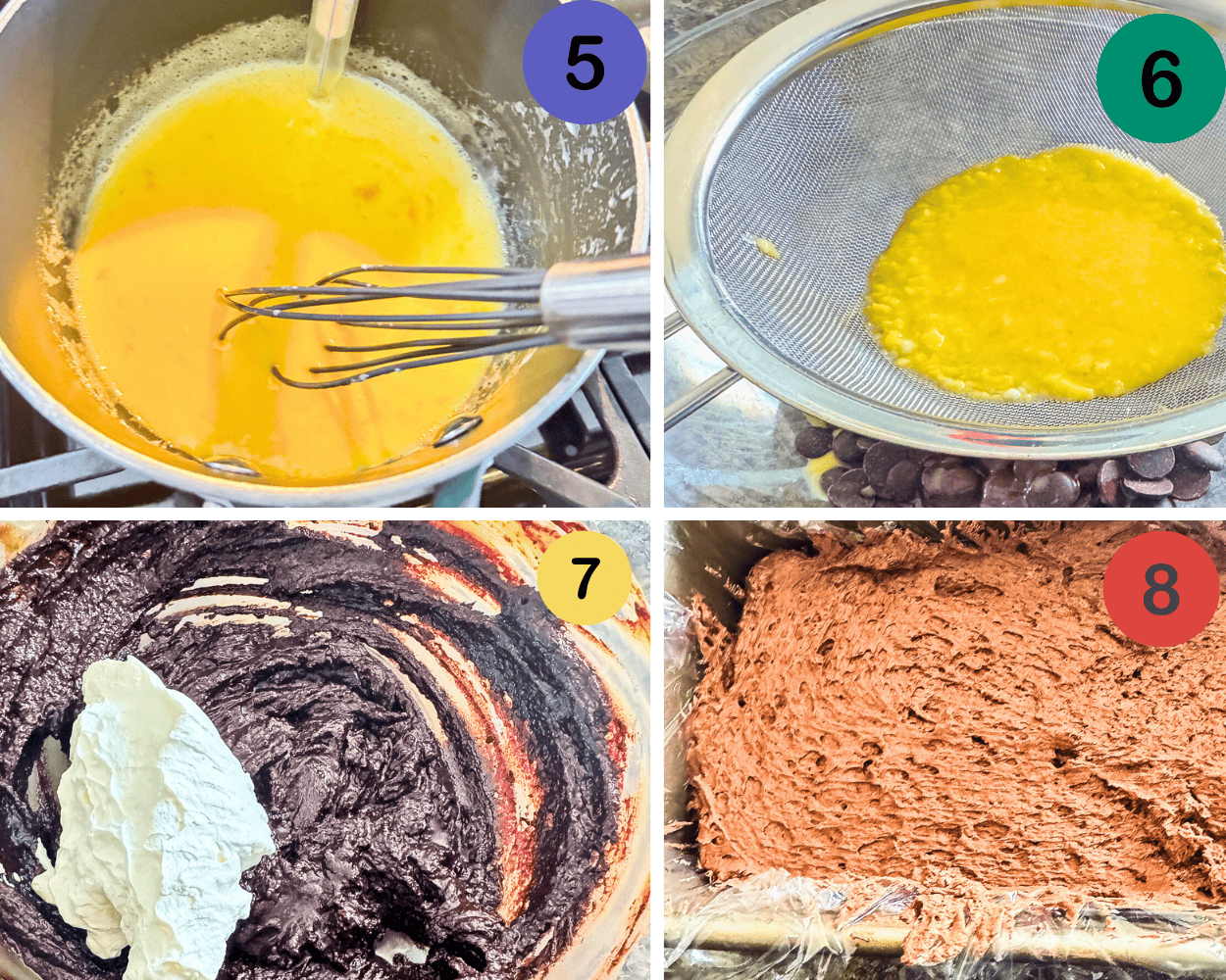 a 4 image collage showing uyp to cook and strain the eggs, and how to fold in the whipped cream and spread the chocolate semifreddo in the pan.