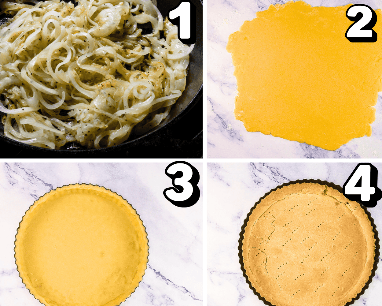 a 4 image collage showing up to caramelize onions, roll, and bake tart dough for onion tart.