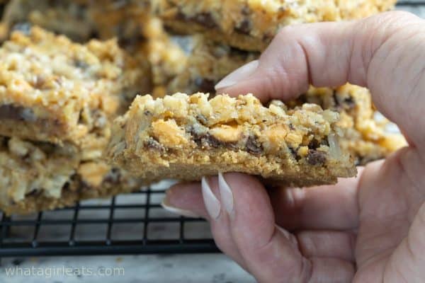 7 layer bars held in hand.
