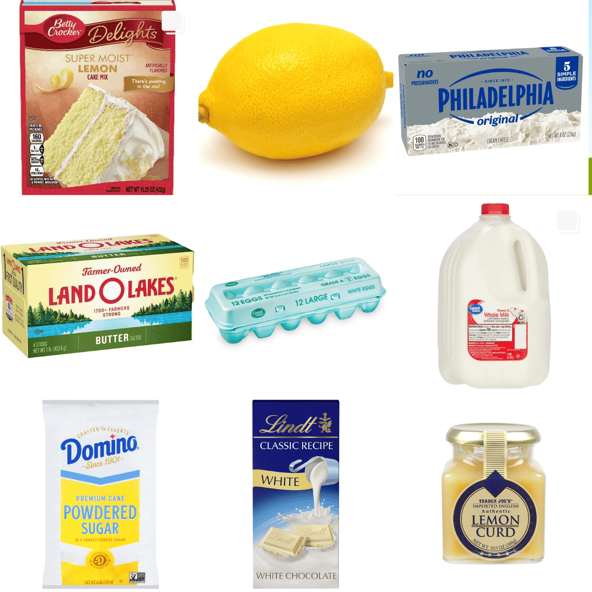 ingredients including lemon cake mix, lemon, cream cheese, butter, eggs, milk, powdered sugar, and lemon curd.