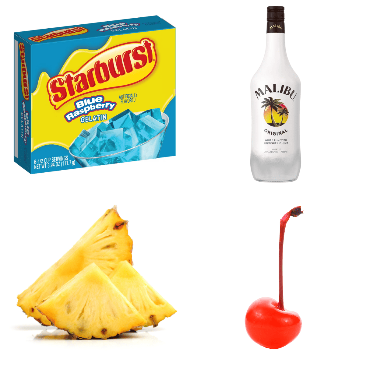 ingredients including blue raspberry jello, malibu rum, pineapple, and a maraschino cherry.
