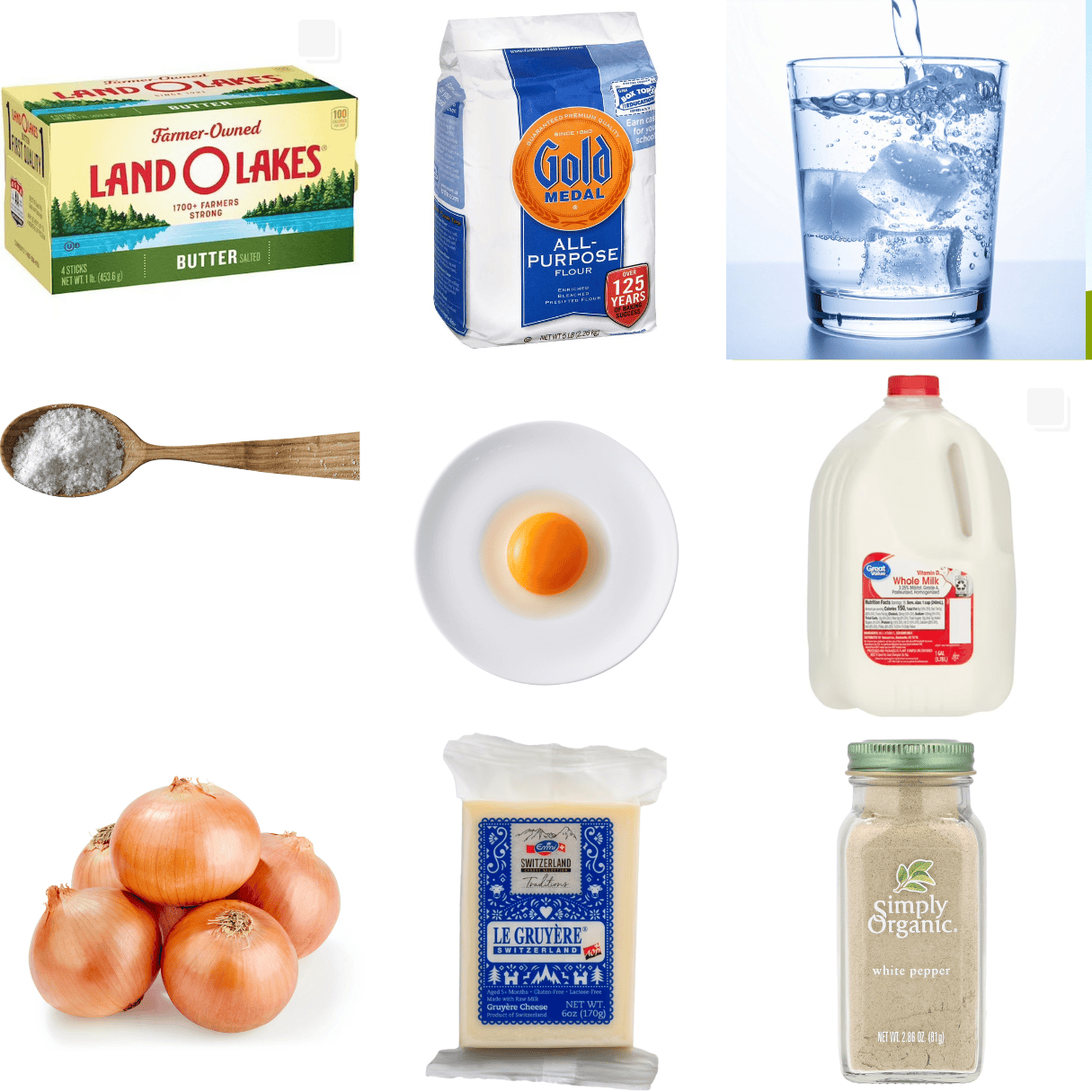 ingredients including butter, flour,, water, salt, egg yolk, milk, onions, and Gruyere cheese.