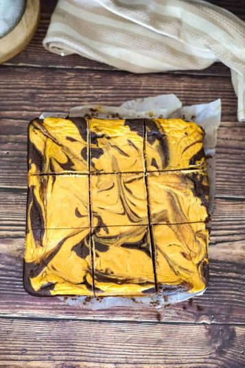 Overhead view of Pumpkin Cheesecake Brownies.