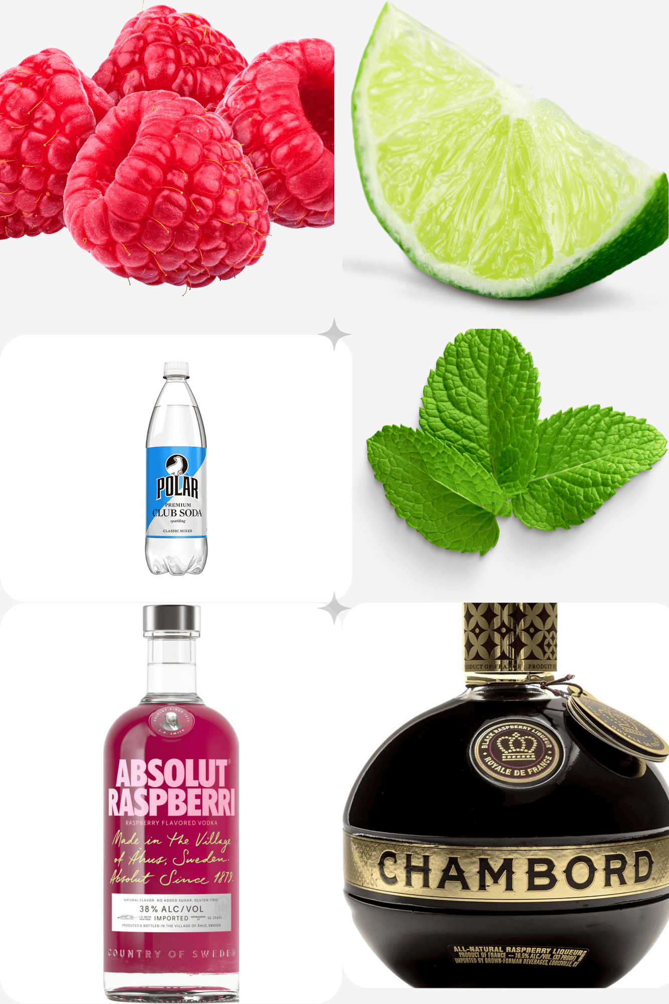 ingredients including raspberries, lime, club soda, mint, Chambord, and raspberry vodka.
