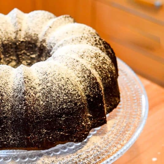 Red wine chocolate Devil's food cake dusted with powdered sugar.