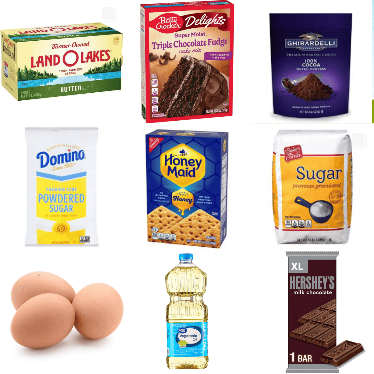 ingredients including butter, cake mix, cocoa powder, powdered sugar, graham crackers, sugar, eggs, and oil. 