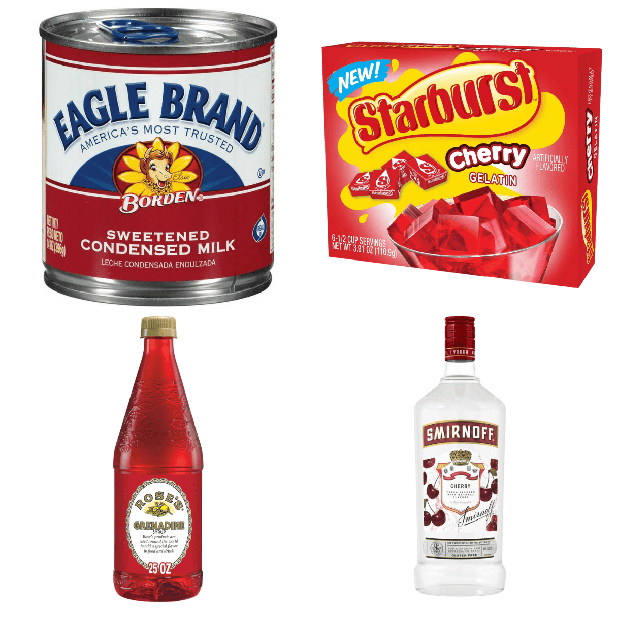ingredients including sweetened condensed milk, Starburst cherry gelatin, grenadine, and Smirnoff Cherry vodka.