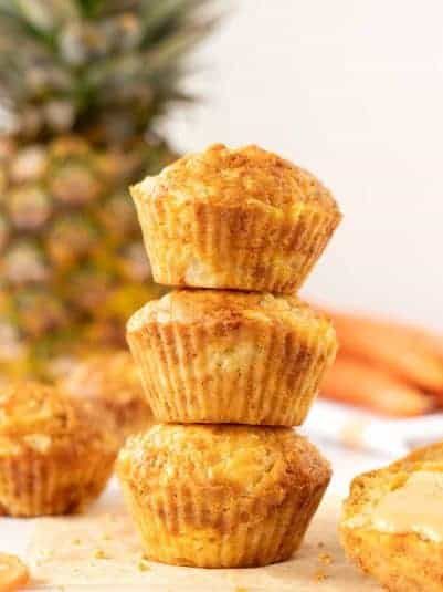Moist vegan carrot pineapple muffins without eggs.