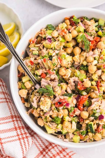 Fresh Chickpea Salad with Tuna in a White Bowl, healthy and protein-rich recipe, perfect for lunch or dinner.