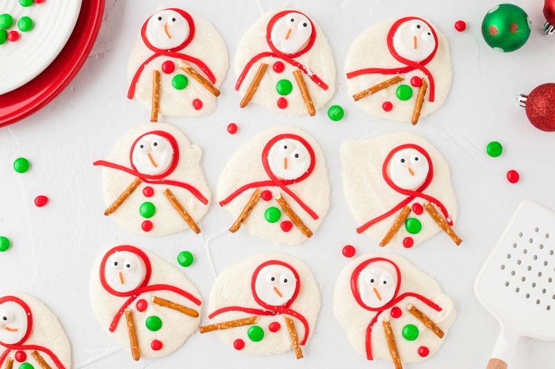 Overhead view of Melted Snowman Cookie Barks.
