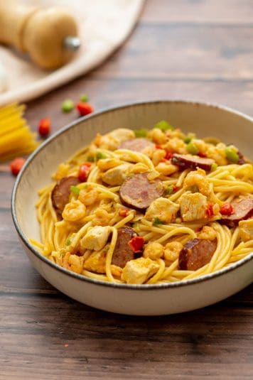 A bowl of Cajun jambalaya pasta ready to enjoy.