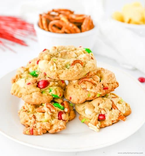 Christmas Kitchen Sink Cookies on a white plate.