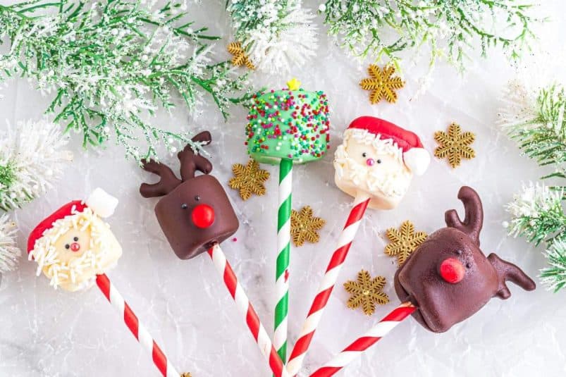 Festive Christmas marshmallow pops (like cake pops) are decorated as reindeer and Santa, with red and white striped sticks, surrounded by snowflake decorations and greenery on a textured white surface.