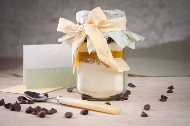 Chocolate chip cookie mix in jar with ribbon.